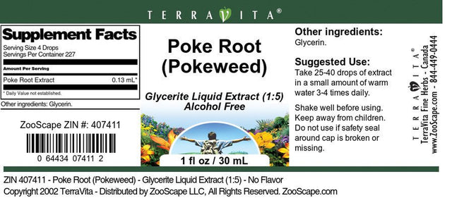 Terravita Poke Root (Pokeweed) - Glycerite Liquid Extract (1:5) - No Flavor, (1 Fl Oz, 1-Pack, Zin: 407411)