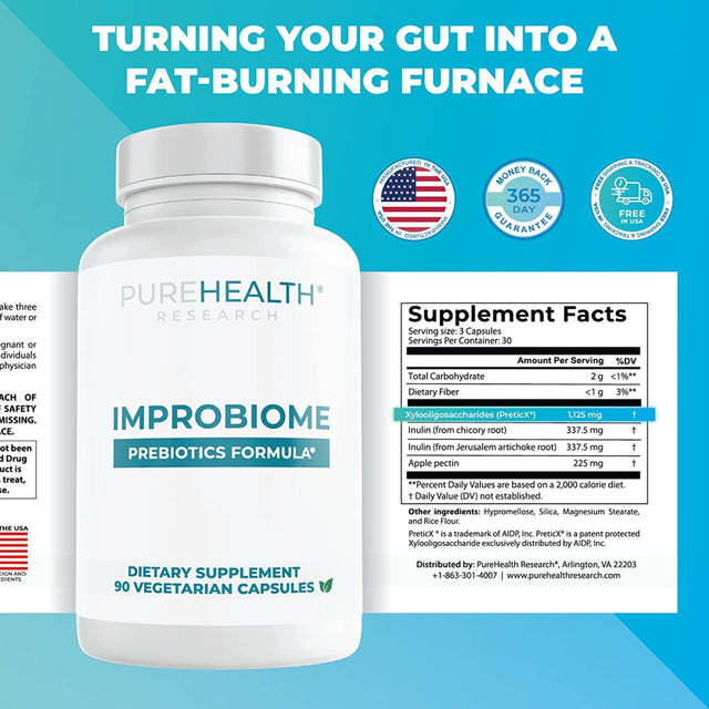 PUREHEALTH RESEARCH Improbiome Prebiotic Fiber Supplement - Natural Support for Healthy Gut Prebiotics - Inulin Digestive Nutritional Supplements - Apple Pectin Capsules - 90Ct