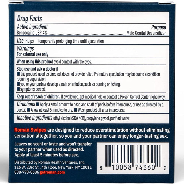 Roman Swipes: 4% Male Desensitizing Benzocaine Unscented Wipes, 5 Pack