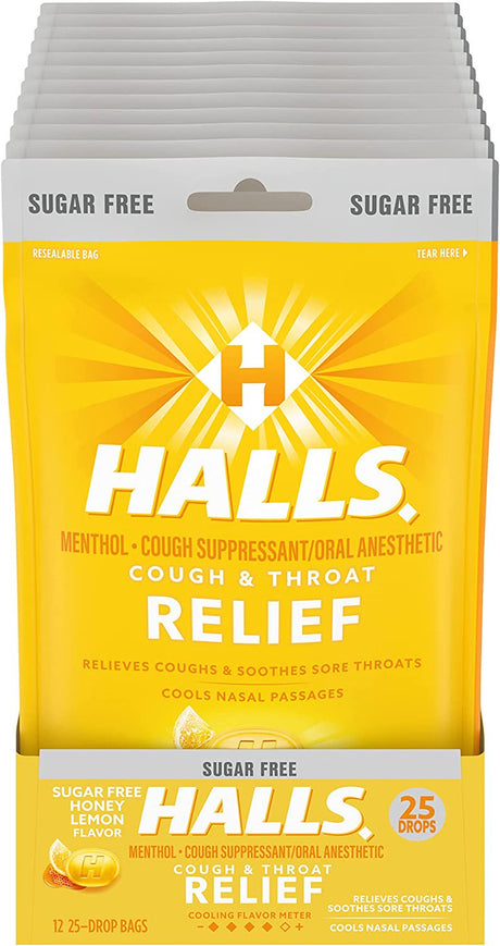 HALLS Relief Honey Lemon Sugar Free Cough Drops, 12 Packs of 25 Drops (300 Total Drops)