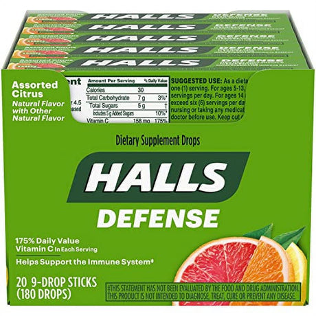 HALLS Defense Assorted Citrus Vitamin C Drops, 20 Packs of 9 Drops (180 Total Drops)