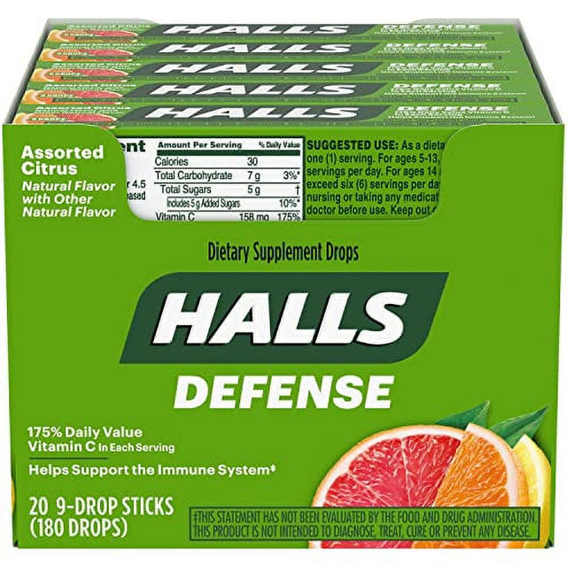 HALLS Defense Assorted Citrus Vitamin C Drops, 20 Packs of 9 Drops (180 Total Drops)