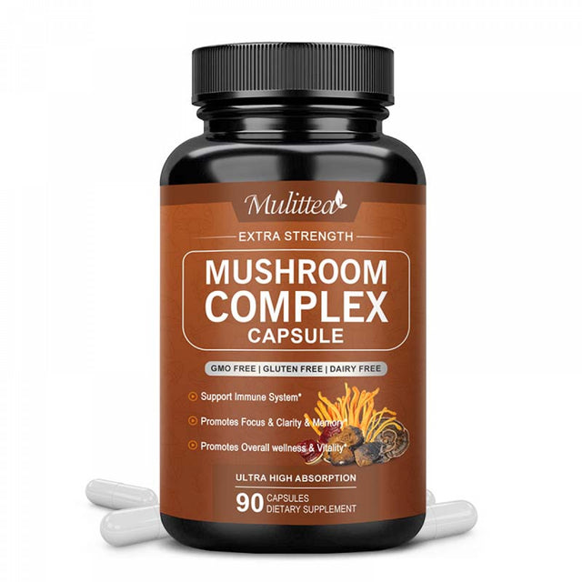 Mulittea Mushroom Complex Tablet(90Pills) - with Lion'S Mane Cordyceps，10 Mushroom Blend - for Immune Booster & Nootropic Brain Supplement