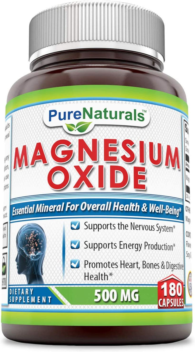 Pure Naturals Magnesium Oxide 500Mg 180 Capsules Supplement | Non-Gmo | Gluten Free | Made in USA