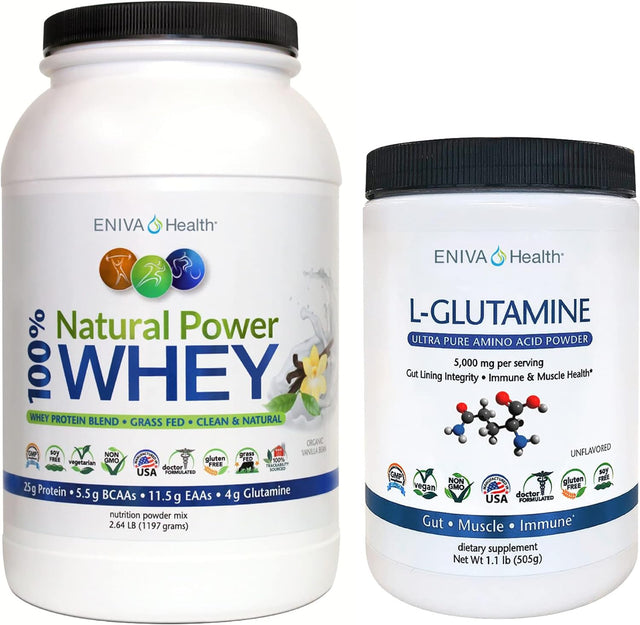 Eniva Natural Power 100% Whey Protein, 2.64 Lb Organic Bundle with L-Glutamine Powder 101 Servings Non GMO USA Made