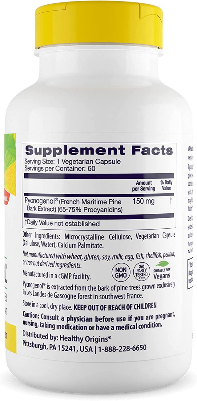 Healthy Origins Pycnogenol 150 Mg (Nature'S Super Antioxidant, Non-Gmo, Gluten Free, Cardiovascular Support), 60 Veggie Caps