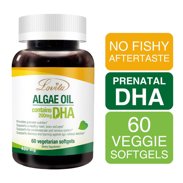 Lovita Algae Oil, Plant Based DHA Alternative to Fish Oil, Vegan Omega 3 with DHA 200 Mg, Supports Heart, Brain & Joint Health, 60 Vegetarian Softgels (Pack of 2)