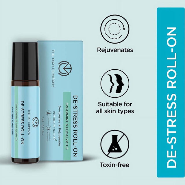 The Man Company De-Stress Roll-On (8Ml) | De-Stresses | Rejuvenates & Calms | Keeps the Headache Away | Spearmint & Eucalyptus | Made with Essential Oils