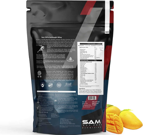 Samfit Pro Isonaught Whey Protein Isolate | Mango Mighty | 907G | 28 Gram Protein per Scoop | USA Made Whey