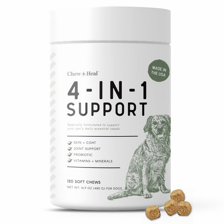 Chew + Heal All in 1 Dog Multivitamin (120 Soft Chews) Supplements for Skin, Coat, Hip and Joint Support