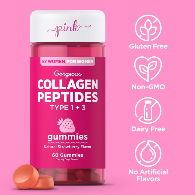 Pink Collagen Beauty Gummies, Strawberry Flavor, Dietary Supplement, 60 Gummies