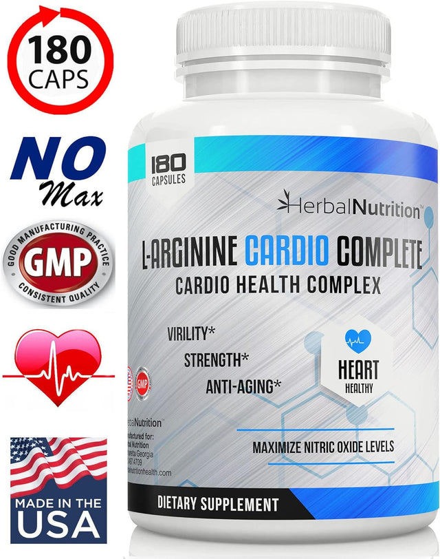 L-Arginine Cardio Complete, Nitric Oxide Booster, 1500Mg Cardio Support Blend plus L-Citrulline, Vitamins Minerals Supports Cardio Health, BP, Energy, Nitric Oxide, One Bottles 180 Caps