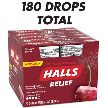 HALLS Relief Cherry Cough Drops, 20 Packs of 9 Drops (180 Total Drops)