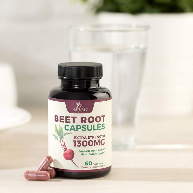 Beet Root Capsules - 1300Mg Extra Strength, Natural Beetroot Powder Extract - Nitric Oxide Supports Heart Health, Endurance & Energy - Vegan Herbal Extract Supplement - Nongmo - 60 Capsules