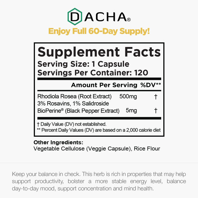 Natural Rhodiola Rosea Supplement – 120 CAPS 500Mg, 3% Rosavins 1% Salidroside, Full 4-Month Supply, Bioperine Enhanced Absorbtion, Mood, Focus, and Brain Booster, Clarity & Stress Support