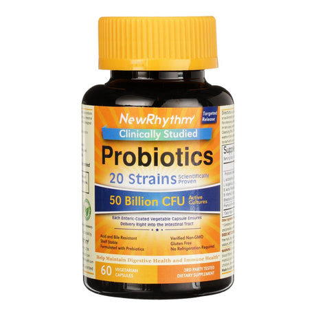 Newrhythm Probiotics 50 Billion CFU 20 Strains, 60 Veggie Caps, Targeted Release Technology, Stomach Acid Resistant, No Need for Refrigeration, Non-Gmo, Gluten Free