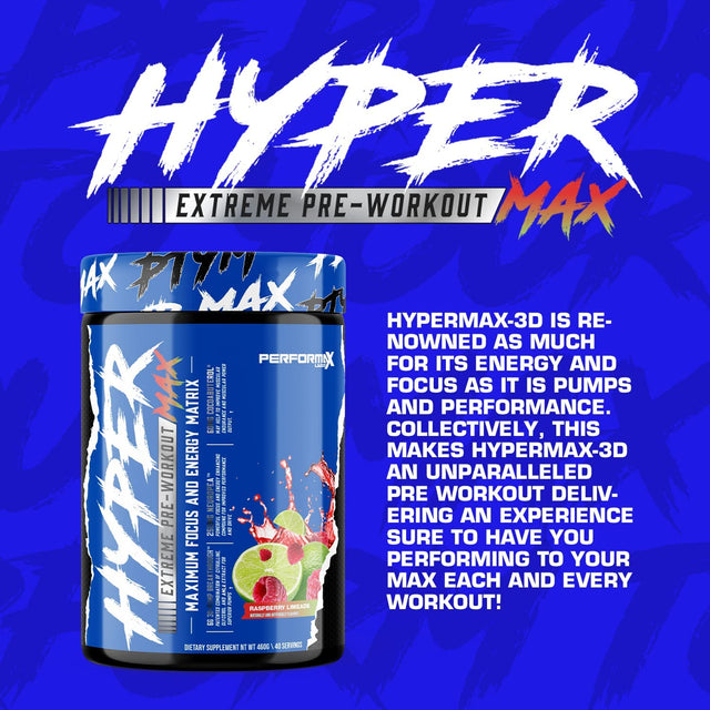 Hypermax 3D Extreme Pre-Workout Intense Energy High Stim Vasodilator | Improve Exercise Performance, Endurance, Muscle Pumps, Focus & Mood (Raspberry Limeade)