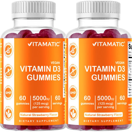 2 Pack Vitamatic Vitamin D3 Gummies - 5000 IU - 60 Vegan Gummies - Great Taste - Healthy Bones, Teeth, Mood, Joint & Immune System Function (Total 120 Count)