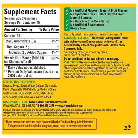 Nature Made Extra Strength Vitamin D3 5000 IU (125 Mcg) per Serving Gummies, Dietary Supplement, 90 Count