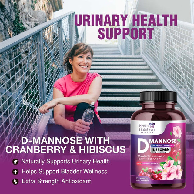 D-Mannose & Cranberry Extract 1350Mg, Fast-Acting to Support Natural Urinary Tract Health for Women & Men, Non-Gmo & Vegan, Flush Impurities in Urinary Tract & Bladder - 60 Capsules