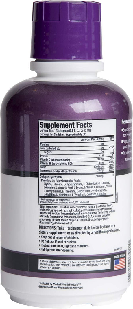 Rejuvicare Liquid Collagen Beauty Formula with Amino Acids, Protein and Biotin, Delicious Grape Flavor, Purple 16 Oz ,32 Servings