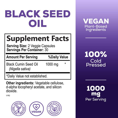 Black Seed Oil - 100% Cold Pressed Blackseed Oil, Vegan 1000Mg - Extra Strength Nigella Sativa for Joint, Hair, Skin & Immune Support, Pure Black Cumin Seed Oil Antioxidant, Non-Gmo - 60 Capsules