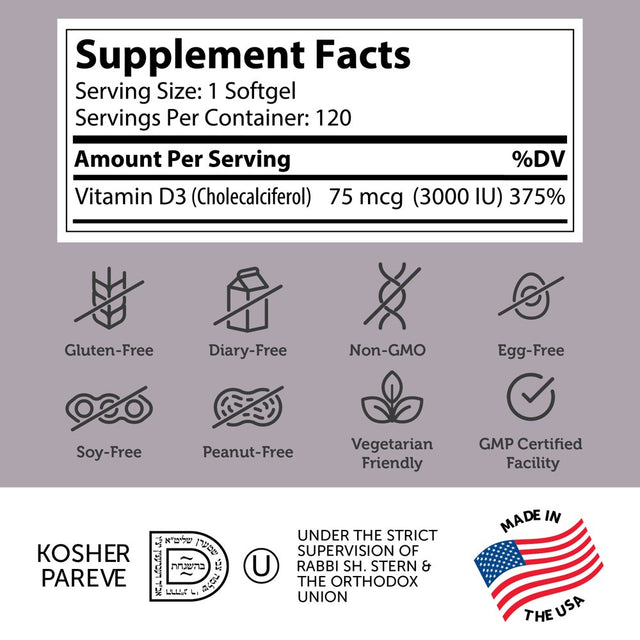 Zahler Vitamin D3IU, Advanced D3 Formula, Supports Healthy Bones and Immune System 75 Mcg (3,000 IU), 120 Softgels