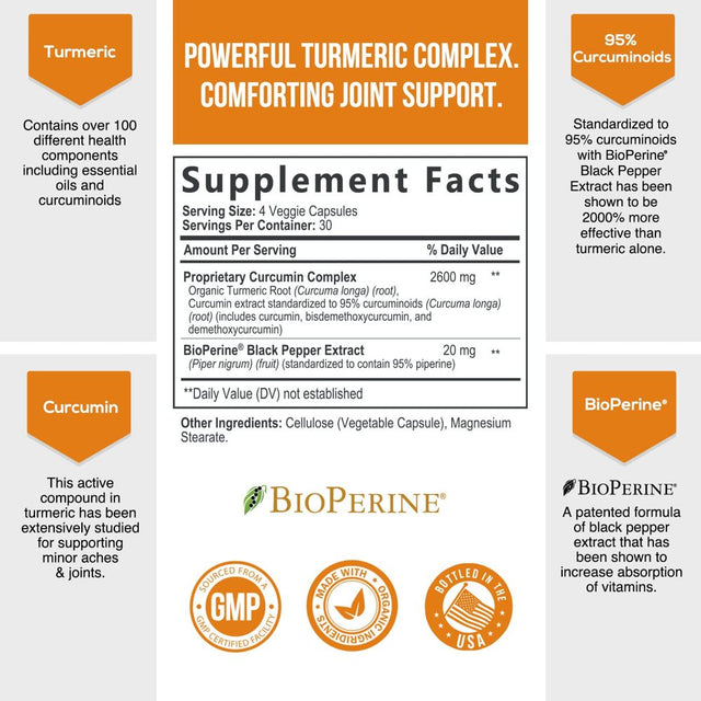 Turmeric Curcumin with Bioperine 95% Standardized Curcuminoids 2600Mg - Black Pepper for Max Absorption, Herbal Joint Support Supplement, Nature'S Non-Gmo & Gluten Free Tumeric Extract - 180 Capsules