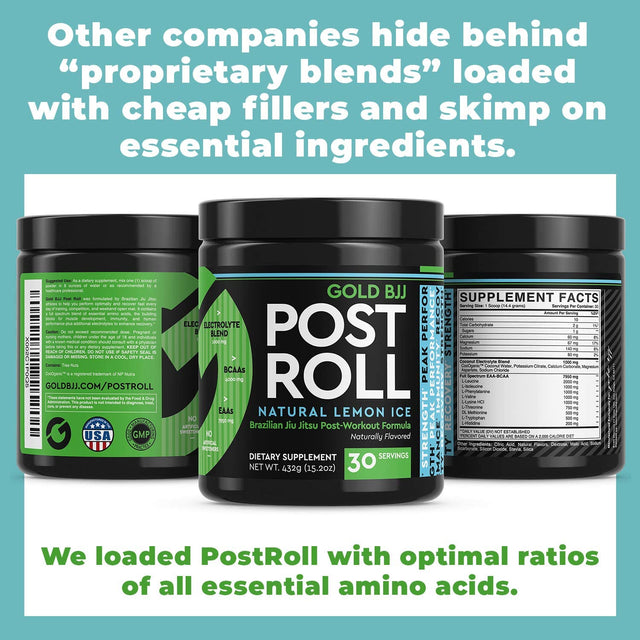 Gold BJJ Postroll - Jiu Jitsu Post Workout Supplement with EAA & BCAA Essential Amino Acids - Martial Arts Specific Post-Workout Powder (Lemon Ice, 30 Servings)