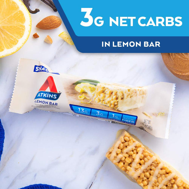 Atkins Lemon Snack Bar, Made with Real Almond Butter, 1G Sugar, Gluten Free, High in Fiber, Keto Friendly, 8 Count