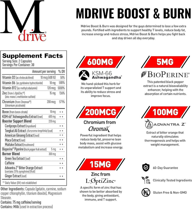 Mdrive Boost & Burn for Men Start Everyday Nutrition & Protein Powder - Natural Energy, Strength, Stress Relief, Lean Muscle, Digestion, Immune Health, Nitric Oxide and Recovery