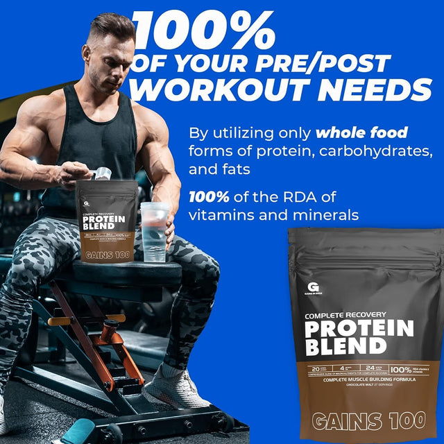 Gains 100 Pre-Digested Protein Recovery Formula, Whey Protein, Chocolate Malt, Balanced Macronutrient Formula with 100% RDA Vitamins & Minerals from Whole Foods 4.96 Lbs