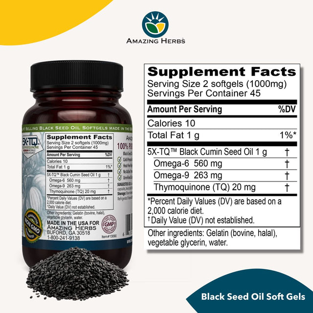 Amazing Herbs Premium Black Seed Oil Capsules - Cold Pressed Nigella Sativa Aids in Digestive Health, Immune Support, Brain Function, Gluten Free, Non GMO - 90 Count, 500Mg