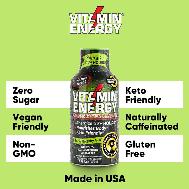 Pre Workout Vitamin Energy Drink - Keto Friendly Sugar Free Shots | Natural Clean Green Tea Caffeine with Proprietary Endurance Blend | Energize up to 7+ Hours - Sour Apple - 1.93 Fl Oz (Pack of 12)