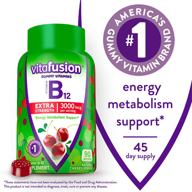 Vitafusion Extra Strength Vitamin B12 Gummy Vitamins for Energy Metabolism Support and Nervous System Health Support, Cherry Flavored, America’S Number 1 Gummy Vitamin Brand, 45 Day Supply, 90 Count