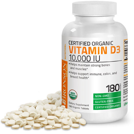 Bronson Vitamin D3 10,000 IU Bone Health and Immune Support, USDA Certified Organic, Non-Gmo Gluten Free, 180 Tablets