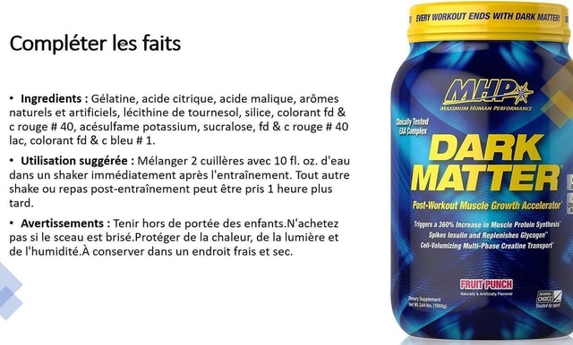 MHP Dark Matter Post Workout, Recovery Accelerator, W/Multi Phase Creatine, Waxy Maize Carbohydrate, 6G Eaas, Fruit Punch, 20 Servings, 55 Oz