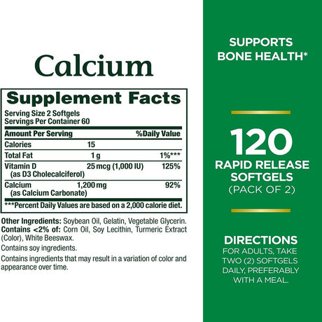 Nature’S Bounty Calcium plus 1000 IU Vitamin D3, Immune Support & Bone Health, Softgels, 120 Ct (2-Pack)