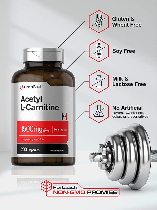 Acetyl L-Carnitine 1500Mg | 200 Capsules | Extra Strength ALCAR Supplement | Non-Gmo, Gluten Free | by Horbaach