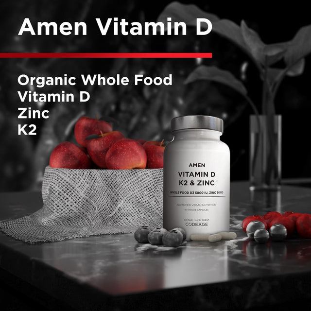 Amen Vitamin D, K2 & Zinc, Cholecalciferol D3 5000 IU, Organic Whole Food Blend, Non-Gmo, 60 Ct