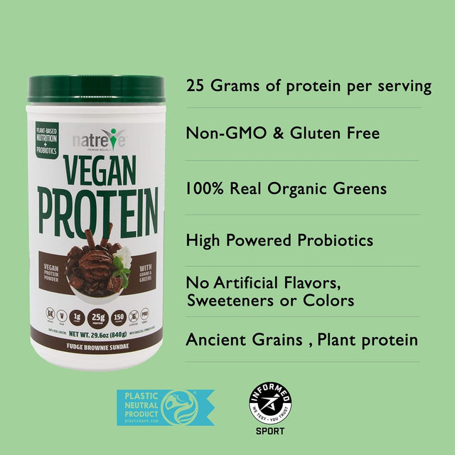 Natreve Vegan Protein Powder - Gluten Free Non-Gmo Whole Food Protein with Vegetables - 30Oz (Fudge Brownie Sundae)