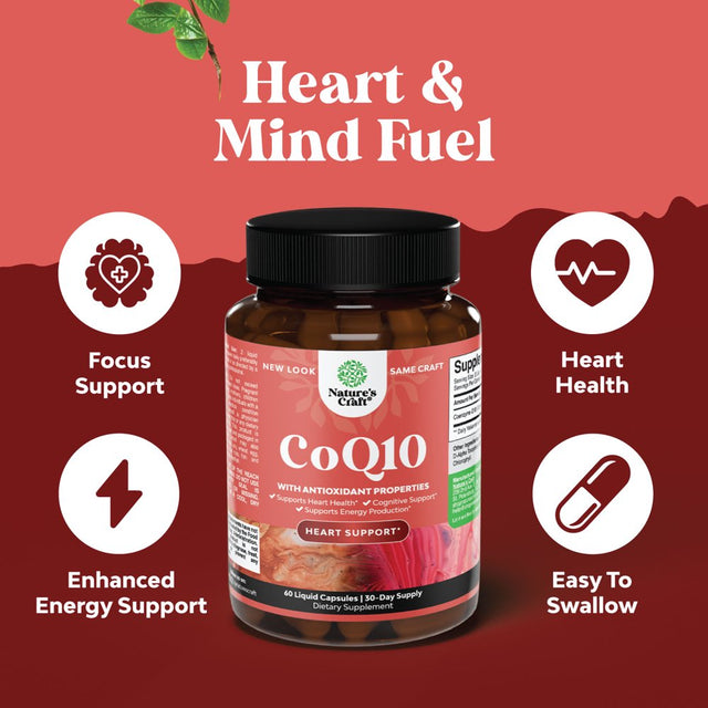 Nature'S Craft Coq10 Coenzyme Q10 200Mg per Serving Supplement to Support Heart Health and Energy - Natural Herbal Antioxidant for Anti-Aging Benefits and Skin Care 60Ct