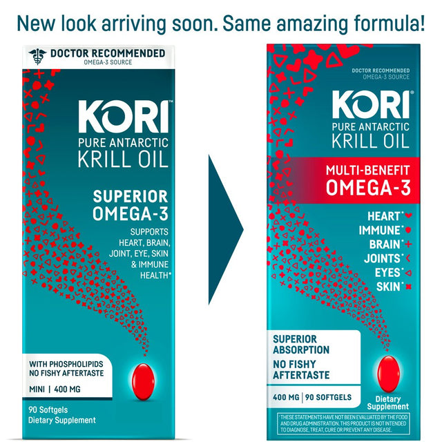 Kori Krill Superior Absorption Vs Fish Oil, Omega-3 Supplement for Heart, Brain, Joint, Eye, Skin & Immune Health, Softgels, 90 Count