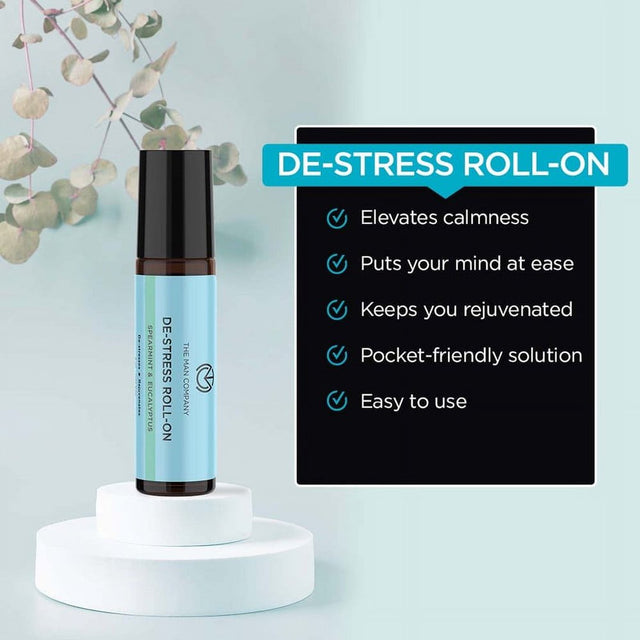 The Man Company De-Stress Roll-On (8Ml) | De-Stresses | Rejuvenates & Calms | Keeps the Headache Away | Spearmint & Eucalyptus | Made with Essential Oils