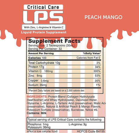 Nutritional Designs LPS Liquid Collagen & Whey Protein Supplement, Sugar-Free, Non-Gmo Drink, Promotes Healthy Skin & Hair for Men & Women. (Critical Care) Peach Mango