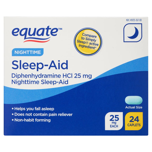 Equate Night-Time Sleep-Aid Diphenhydramine Caplets, 25 Mg, 24 Count