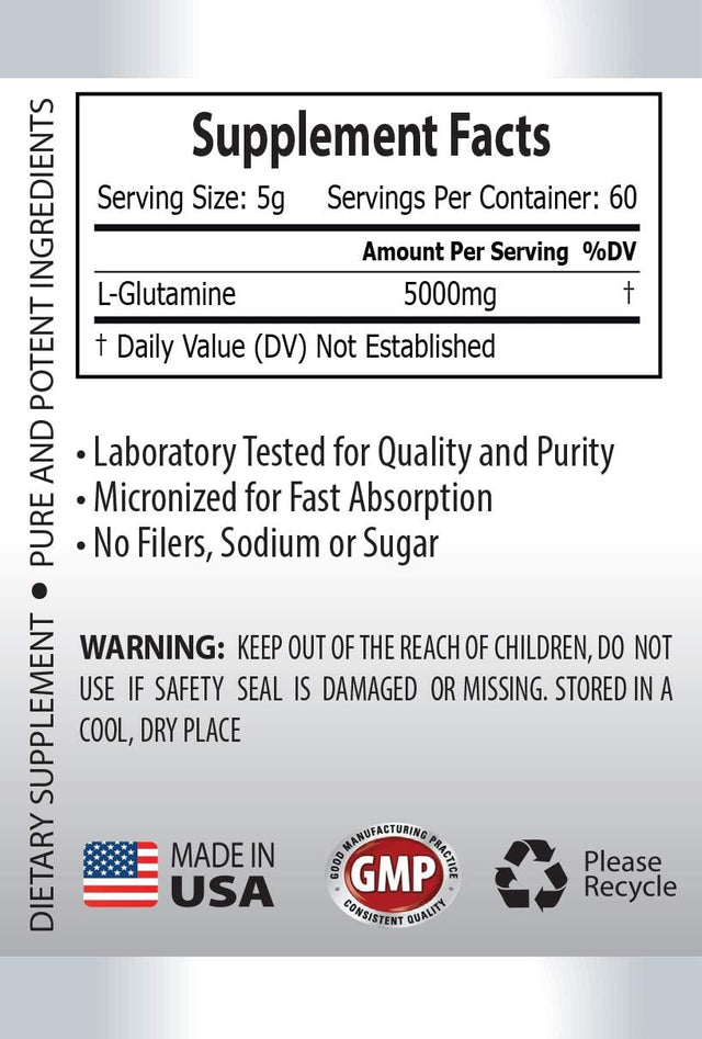 Muscle Recovery Amino Acids - L-GLUTAMINE POWDER 5000 MG - PRE & POST WORKOUT - L-Glutamine - L-Glutamine Powder - L-Glutamine Supplement - Glutamine - Micronized L-Glutamine 5000Mg - 1 Can 300 Grams