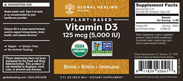 Global Healing Vitamin D3 5000 Iu Liquid Supplement for Immune Support, 2 Fl Oz