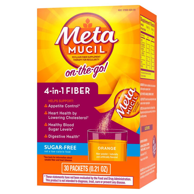 Metamucil On-The-Go, Daily Psyllium Husk Powder Supplement, Sugar-Free Powder, 4-In-1 Fiber for Digestive Health, Orange Flavored Drink, 30 Packets (Pack of 2)