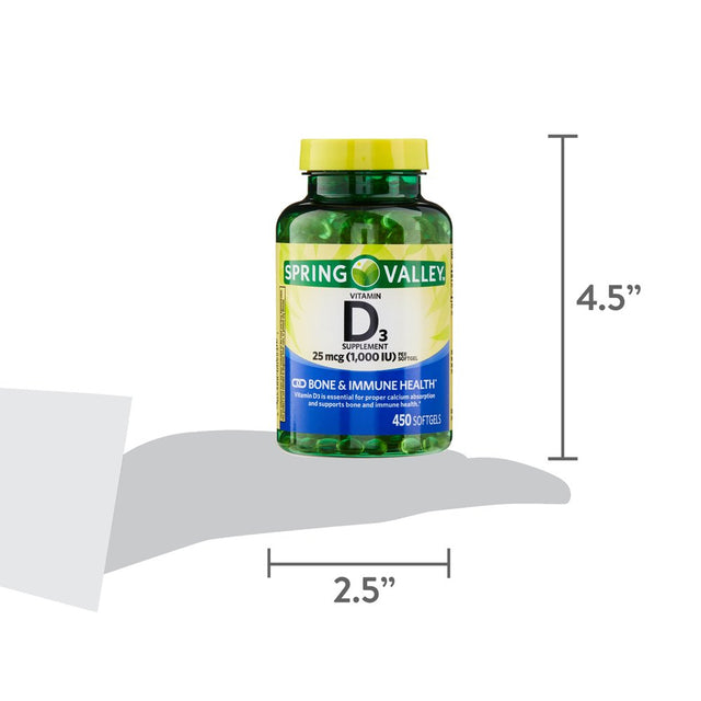 Spring Valley Vitamin D3 Softgels, 25Mcg, 1,000 IU, 450 Count